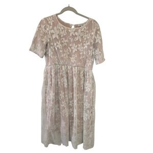 Sweet Salt Modest Clothing Lace Overlay‎ Pink Lined Midi Dress Size Small